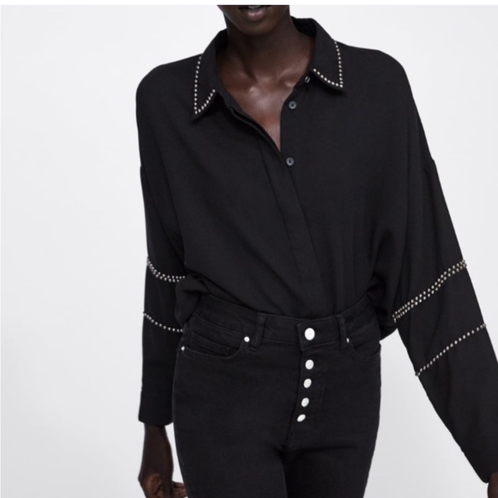 ZARA Black Button-Down Blouse with Silver Stud Detail xl
